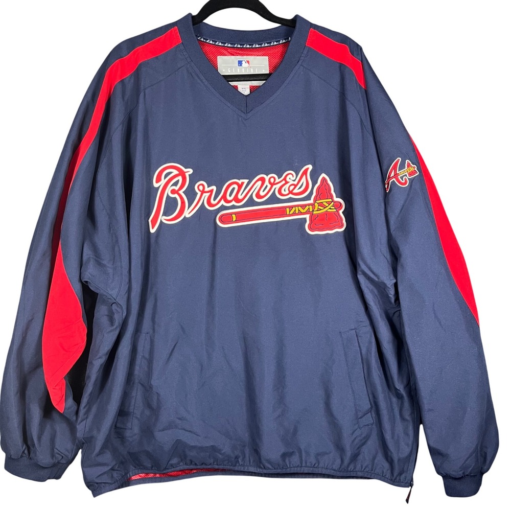 MLB Atlanta Braves Pullover Windbreaker Mens XXL Navy V-Neck Side Zip Mesh Lined